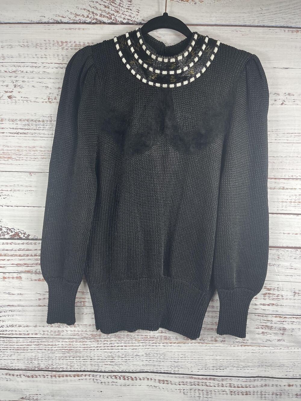 Elizabeth Sweater Womens Size M Black Beaded Collar Long Sleeve Pullover 80s VTG